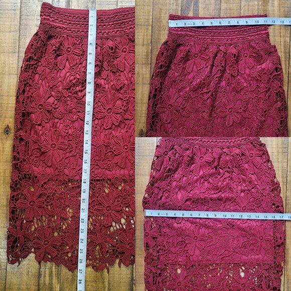 Meraki Red Wine Floral Lace Cut-Out Midi High Waisted Skirt- M - Picture 4 of 6